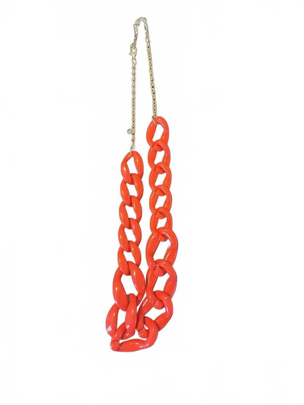 Chunky Coral Orange Chain Statement Necklace Gold Tone Acrylic Link Jewelry